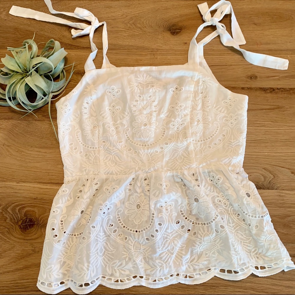 Darling White Eyelet Peplum Top with Tie Straps